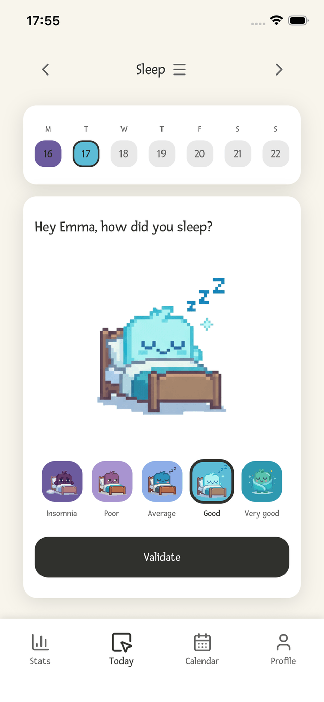 Capture de l’app : saisie quotidienne d’un suivi, ici le sommeil